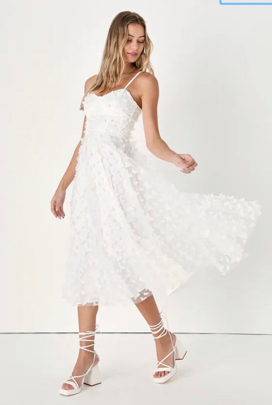 Lulus Time to Fly White Butterfly Lace-Up Midi Dress 3D Appliqué